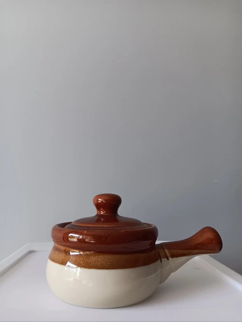 Vintage Handled Ceramic Crock French Onion Soup Bowl & Lid Made in Japan Brown